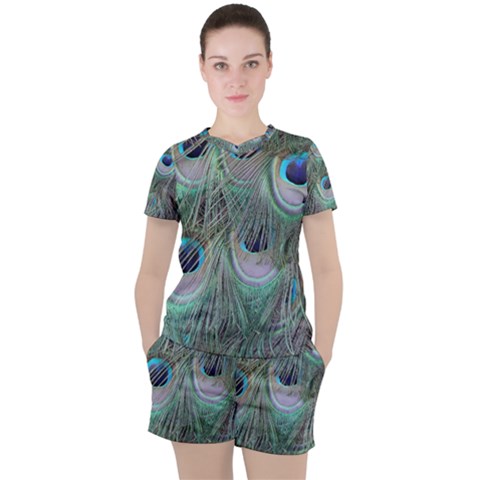 Peacock Feather Pattern Plumage Women s Tee And Shorts Set by Pakrebo