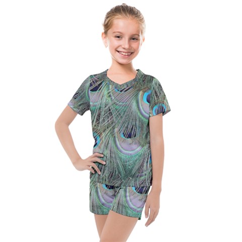 Peacock Feather Pattern Plumage Kids  Mesh Tee And Shorts Set by Pakrebo