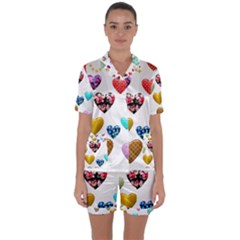 Hearts Puffy Shiny Love Sticker Satin Short Sleeve Pyjamas Set by Pakrebo