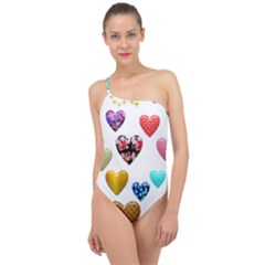 Hearts Puffy Shiny Love Sticker Classic One Shoulder Swimsuit by Pakrebo