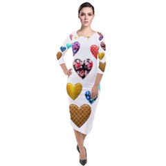 Hearts Puffy Shiny Love Sticker Quarter Sleeve Midi Velour Bodycon Dress