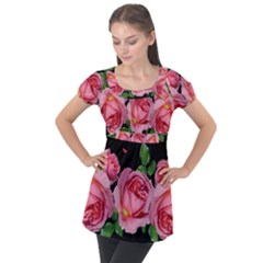 Roses Flowers Arrangement Garden Puff Sleeve Tunic Top by Pakrebo