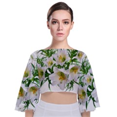 Lilies Flowers Perfume Arrangement Tie Back Butterfly Sleeve Chiffon Top by Pakrebo