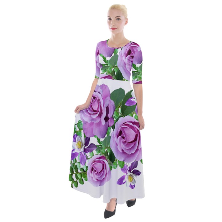 Flowers Roses Aquilegias Ferns Half Sleeves Maxi Dress