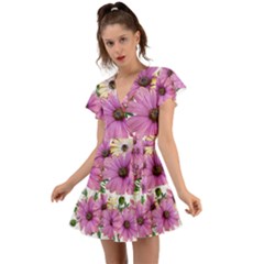 Flowers Daisies Arrangement Garden Flutter Sleeve Wrap Dress by Pakrebo