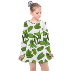 Mint Seamless Pattern Leaf Green Kids  Long Sleeve Dress by Pakrebo