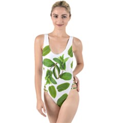 Mint Seamless Pattern Leaf Green High Leg Strappy Swimsuit by Pakrebo