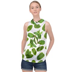 Mint Seamless Pattern Leaf Green High Neck Satin Top