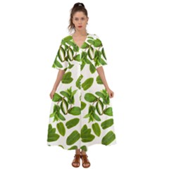 Mint Seamless Pattern Leaf Green Kimono Sleeve Boho Dress