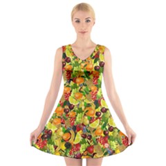 Background Pattern Structure Fruit V-neck Sleeveless Dress by Pakrebo