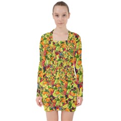 Background Pattern Structure Fruit V-neck Bodycon Long Sleeve Dress by Pakrebo