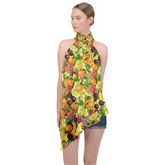 Background Pattern Structure Fruit Halter Asymmetric Satin Top by Pakrebo