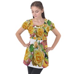 Flowers Roses Autumn Leaves Puff Sleeve Tunic Top by Pakrebo