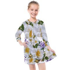 Flowers Roses White Mauve Babianas Kids  Quarter Sleeve Shirt Dress