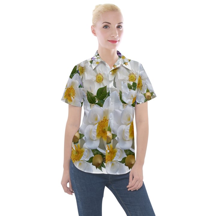 Flowers Roses White Mauve Babianas Women s Short Sleeve Pocket Shirt