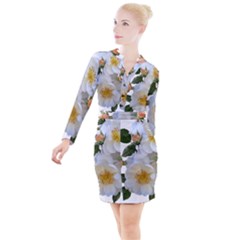 Roses Stamens Pollen Buds White Button Long Sleeve Dress by Pakrebo