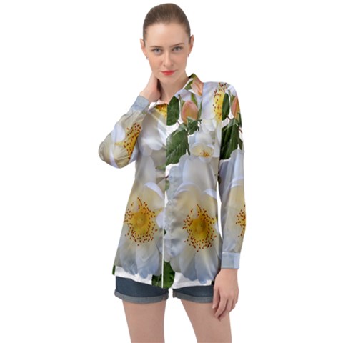 Roses Stamens Pollen Buds White Long Sleeve Satin Shirt by Pakrebo