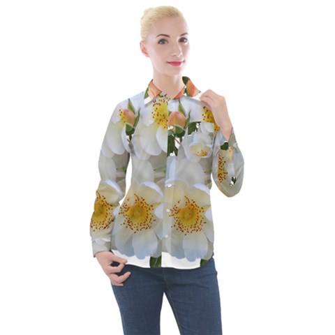 Roses Stamens Pollen Buds White Women s Long Sleeve Pocket Shirt by Pakrebo