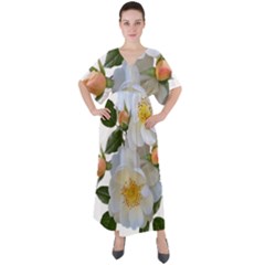 Roses Stamens Pollen Buds White V-neck Boho Style Maxi Dress