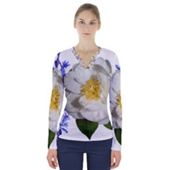 Flowers Camellia Bluebells Fragrant V-neck Long Sleeve Top by Pakrebo