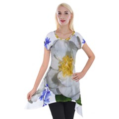 Flowers Camellia Bluebells Fragrant Short Sleeve Side Drop Tunic by Pakrebo