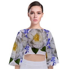 Flowers Camellia Bluebells Fragrant Tie Back Butterfly Sleeve Chiffon Top by Pakrebo