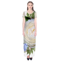 Roses Flowers Plumbago Arrangement Short Sleeve Maxi Dress by Pakrebo