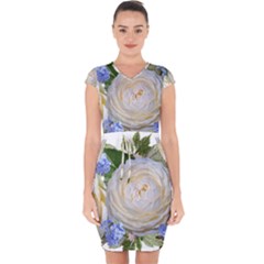 Roses Flowers Plumbago Arrangement Capsleeve Drawstring Dress 