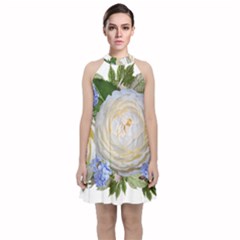 Roses Flowers Plumbago Arrangement Velvet Halter Neckline Dress 