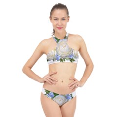 Roses Flowers Plumbago Arrangement High Neck Bikini Set by Pakrebo