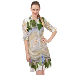 Roses Flowers Plumbago Arrangement Long Sleeve Mini Shirt Dress