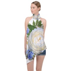 Roses Flowers Plumbago Arrangement Halter Asymmetric Satin Top by Pakrebo