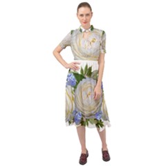 Roses Flowers Plumbago Arrangement Keyhole Neckline Chiffon Dress