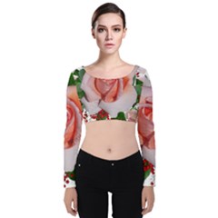 Roses Flowers Berries Arrangement Velvet Long Sleeve Crop Top by Pakrebo