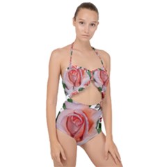 Roses Flowers Berries Arrangement Scallop Top Cut Out Swimsuit by Pakrebo