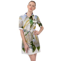 Rose White Flower Plumbago Belted Shirt Dress