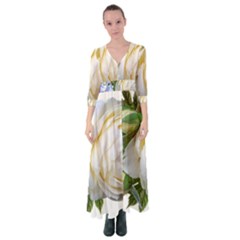 Rose White Flower Plumbago Button Up Maxi Dress