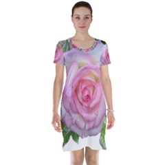 Roses Pink Flowers Perfume Leaves Short Sleeve Nightdress by Pakrebo