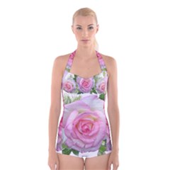 Roses Pink Flowers Perfume Leaves Boyleg Halter Swimsuit  by Pakrebo