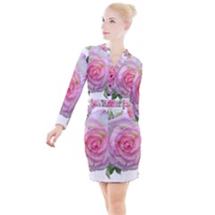 Roses Pink Flowers Perfume Leaves Button Long Sleeve Dress by Pakrebo