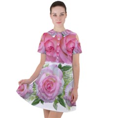 Roses Pink Flowers Perfume Leaves Short Sleeve Shoulder Cut Out Dress  by Pakrebo