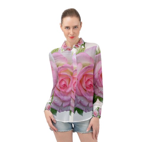 Roses Pink Flowers Perfume Leaves Long Sleeve Chiffon Shirt by Pakrebo