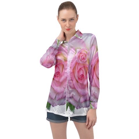 Roses Pink Flowers Perfume Leaves Long Sleeve Satin Shirt by Pakrebo