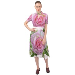 Roses Pink Flowers Perfume Leaves Keyhole Neckline Chiffon Dress