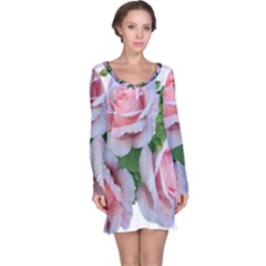 Roses Pink Flowers Leaves Long Sleeve Nightdress by Pakrebo