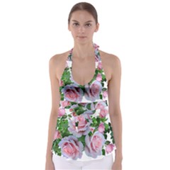 Roses Pink Flowers Leaves Babydoll Tankini Top by Pakrebo