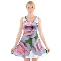 Roses Pink Flowers Leaves V-neck Sleeveless Dress by Pakrebo