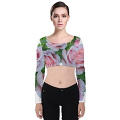 Roses Pink Flowers Leaves Velvet Long Sleeve Crop Top by Pakrebo