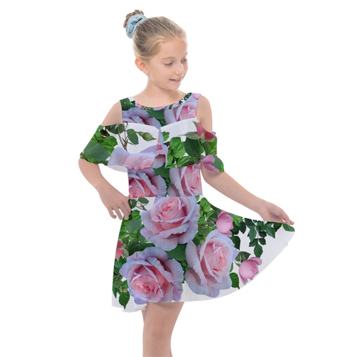 Roses Pink Flowers Leaves Kids  Shoulder Cutout Chiffon Dress