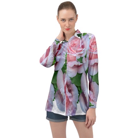 Roses Pink Flowers Leaves Long Sleeve Satin Shirt by Pakrebo